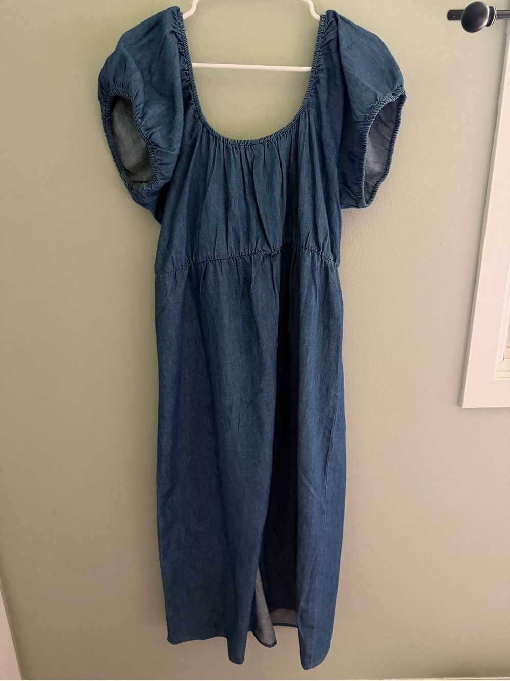 Denim Short Puff Sleeve Midi Dress - 100% Cotton - Picture 5 of 7